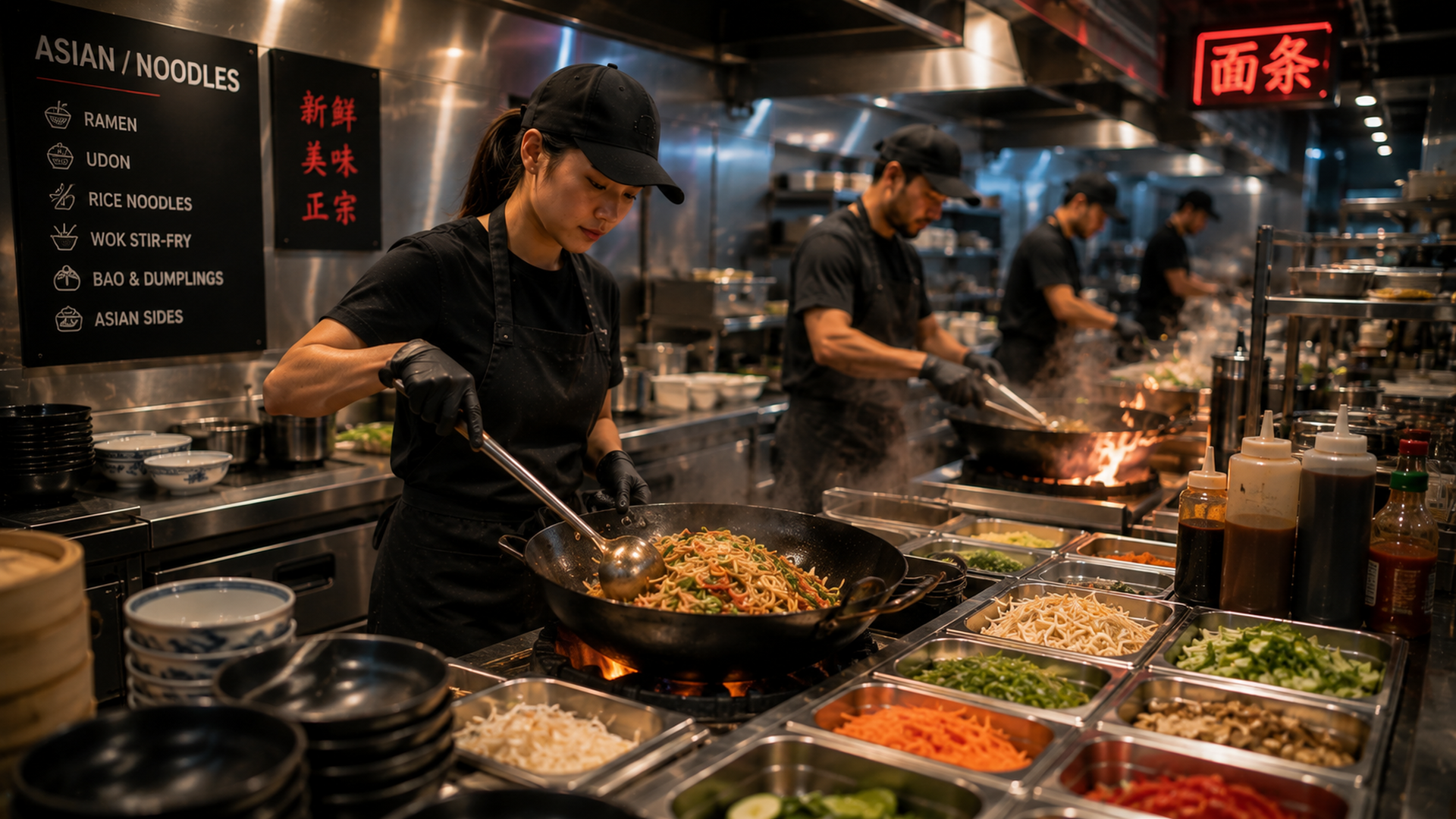 Asian noodle bowls prepared for delivery