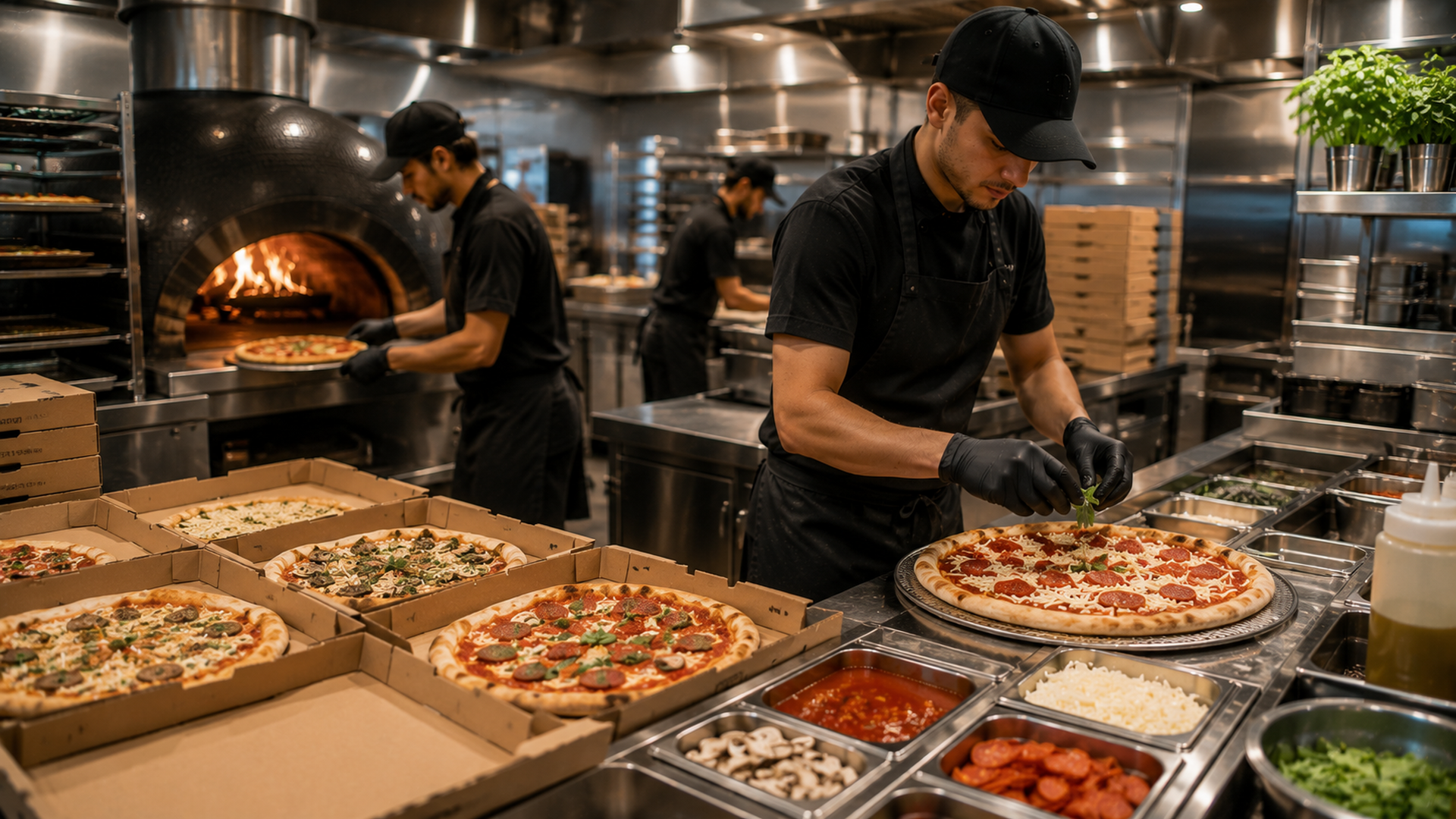 Pizza production in a TNCKG kitchen